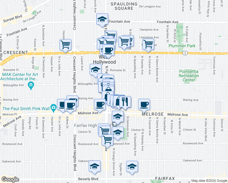 map of restaurants, bars, coffee shops, grocery stores, and more near 814 North Orange Grove Avenue in Los Angeles
