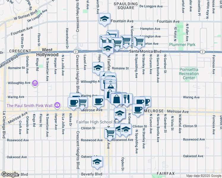map of restaurants, bars, coffee shops, grocery stores, and more near 814 North Orange Grove Avenue in Los Angeles