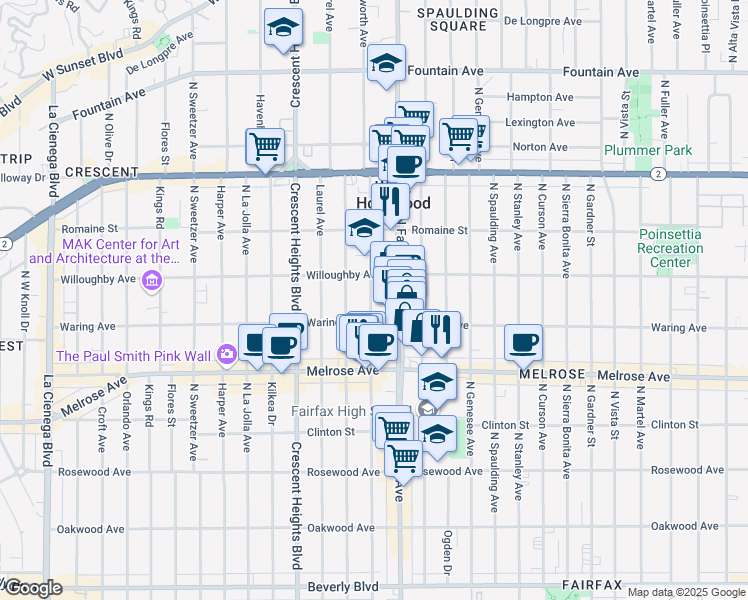 map of restaurants, bars, coffee shops, grocery stores, and more near 801 North Fairfax Avenue in Los Angeles