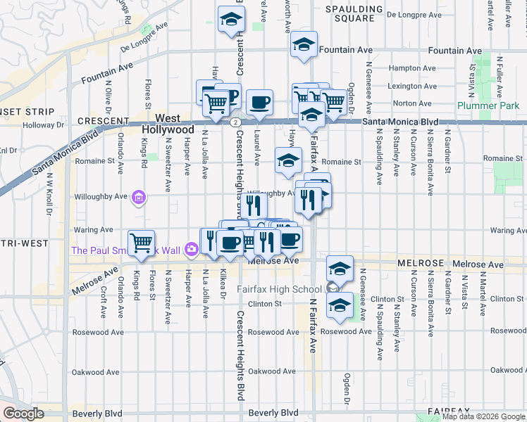 map of restaurants, bars, coffee shops, grocery stores, and more near 817n Laurel Avenue in Los Angeles