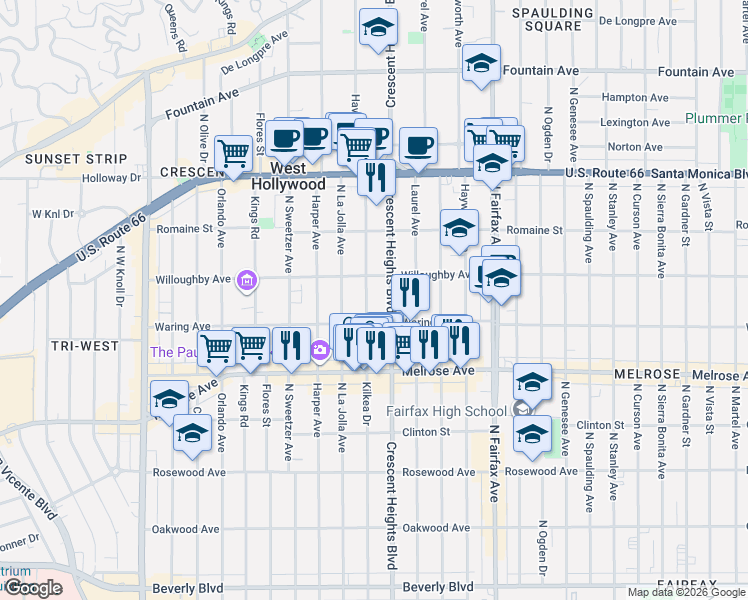 map of restaurants, bars, coffee shops, grocery stores, and more near 818 North Kilkea Drive in Los Angeles