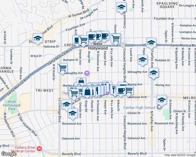 map of restaurants, bars, coffee shops, grocery stores, and more near 826 North Kings Road in West Hollywood
