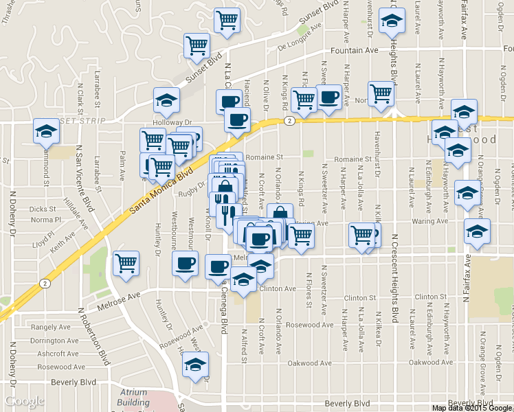 map of restaurants, bars, coffee shops, grocery stores, and more near 822 North Croft Avenue in Los Angeles