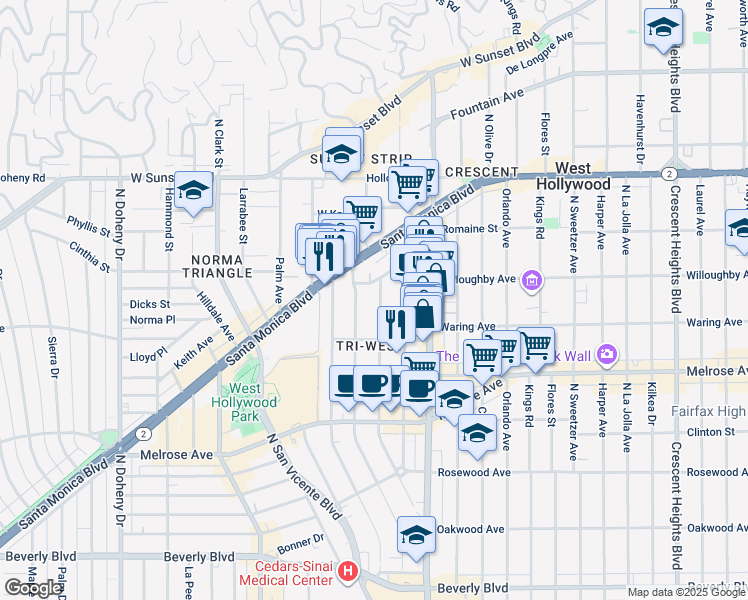map of restaurants, bars, coffee shops, grocery stores, and more near 840 Westmount Drive in West Hollywood
