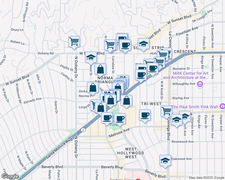 map of restaurants, bars, coffee shops, grocery stores, and more near 840 North San Vicente Boulevard in West Hollywood