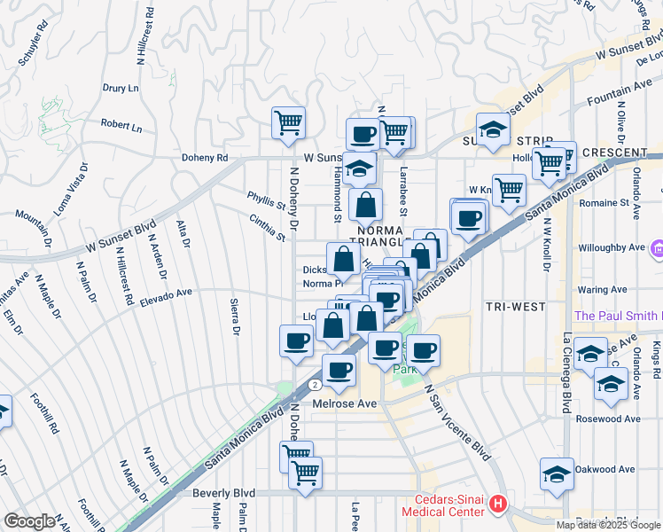 map of restaurants, bars, coffee shops, grocery stores, and more near 8968 Dicks Street in West Hollywood