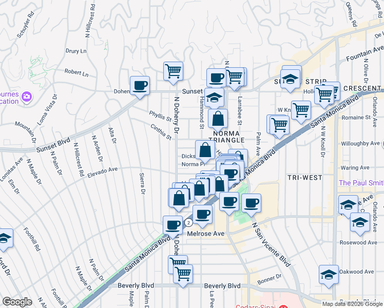 map of restaurants, bars, coffee shops, grocery stores, and more near 9036 Dicks Street in West Hollywood