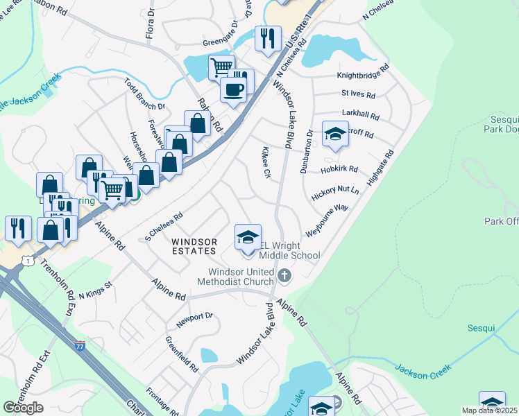 map of restaurants, bars, coffee shops, grocery stores, and more near 9653 Windsor Lake Boulevard in Columbia