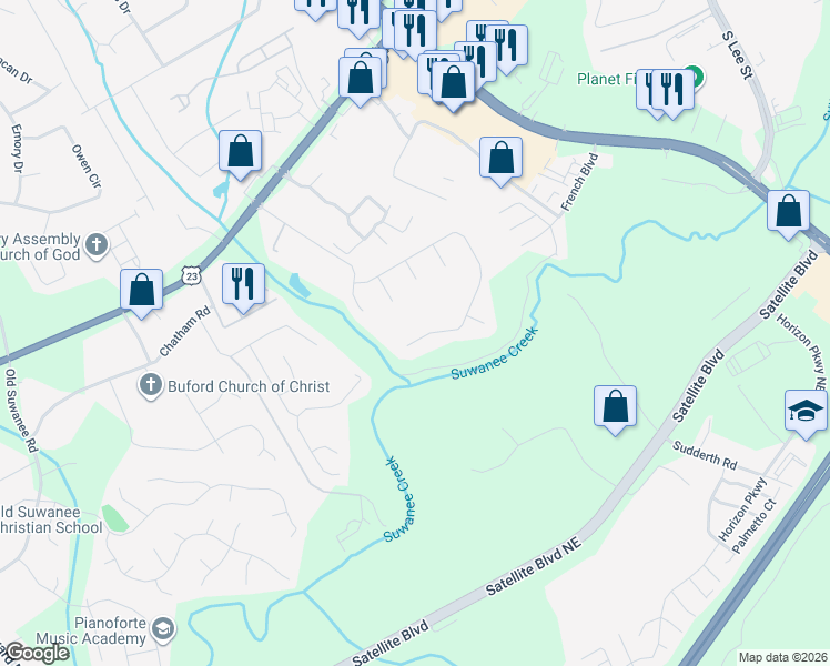 map of restaurants, bars, coffee shops, grocery stores, and more near 1709 Centerville Drive in Buford