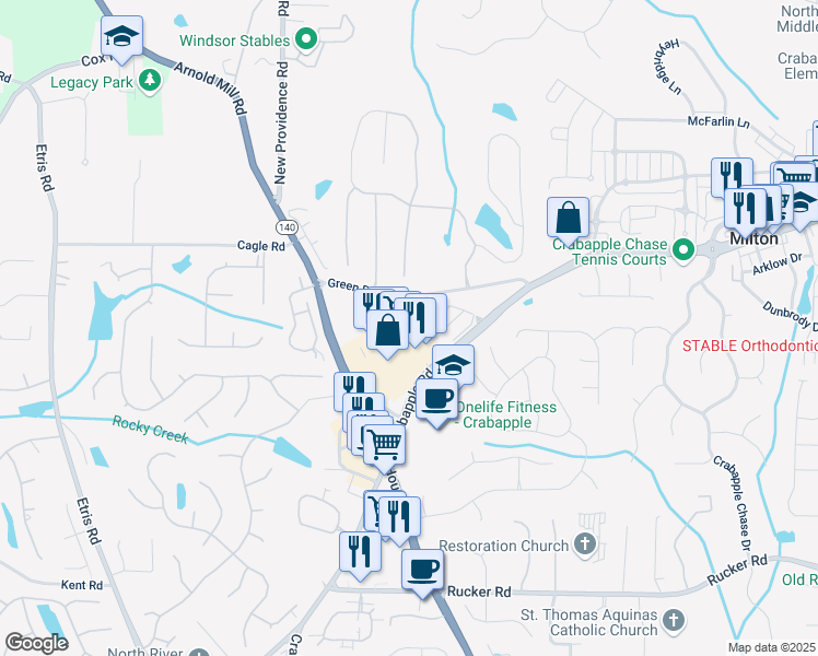 map of restaurants, bars, coffee shops, grocery stores, and more near 12460 Crabapple Road in Alpharetta
