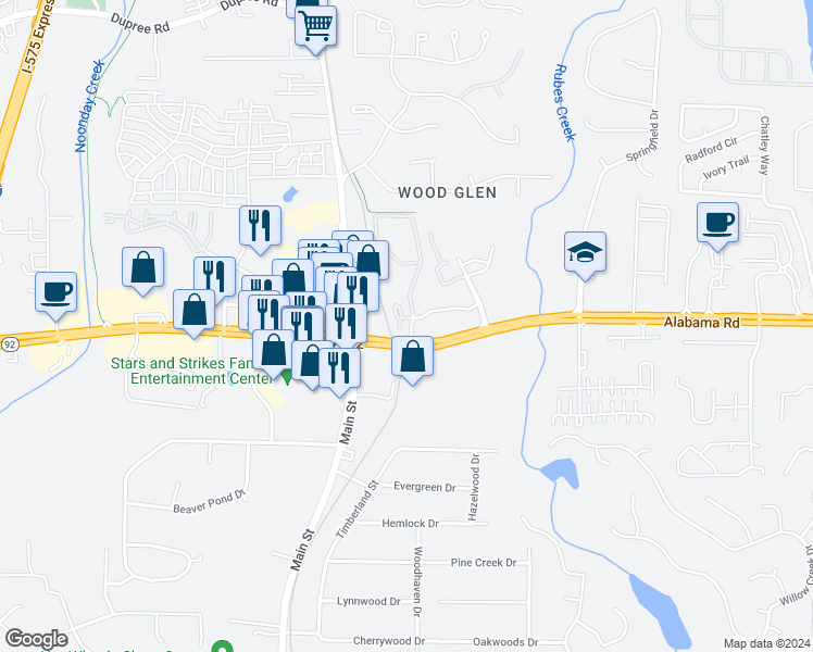 map of restaurants, bars, coffee shops, grocery stores, and more near 10205 Alabama Road Northeast in Woodstock