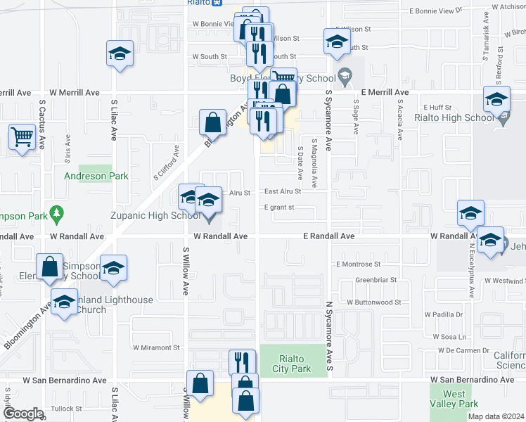 map of restaurants, bars, coffee shops, grocery stores, and more near 827 South Riverside Avenue in Rialto