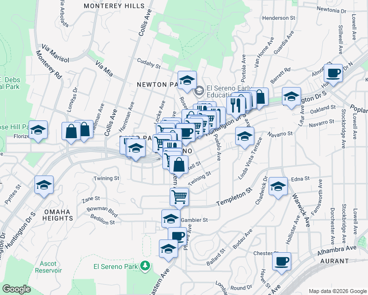 map of restaurants, bars, coffee shops, grocery stores, and more near 4880 Huntington Drive South in Los Angeles