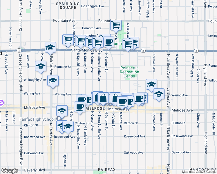 map of restaurants, bars, coffee shops, grocery stores, and more near 830 North Gardner Street in Los Angeles