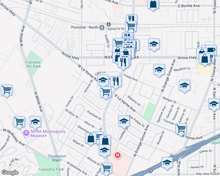 map of restaurants, bars, coffee shops, grocery stores, and more near in Pomona