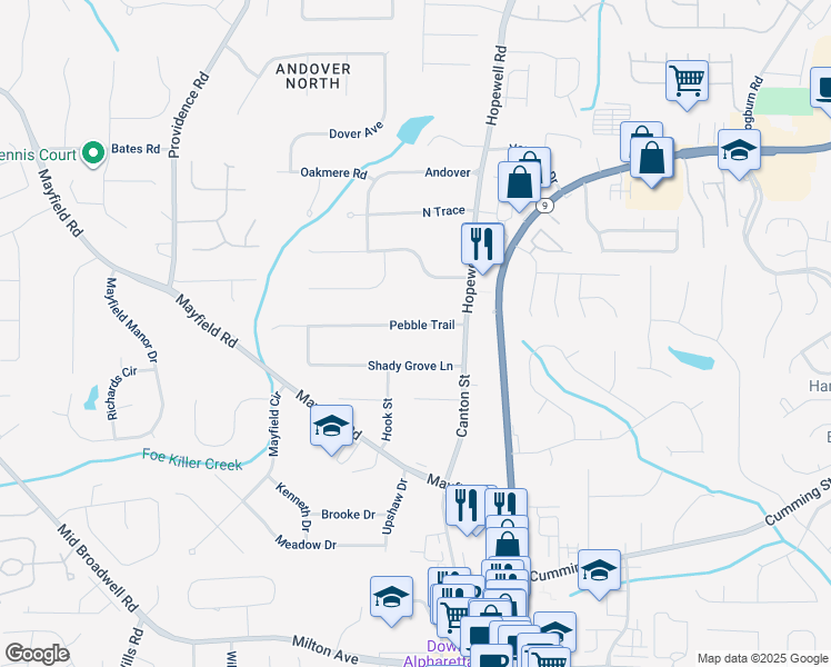 map of restaurants, bars, coffee shops, grocery stores, and more near 150 Pebble Trail in Alpharetta