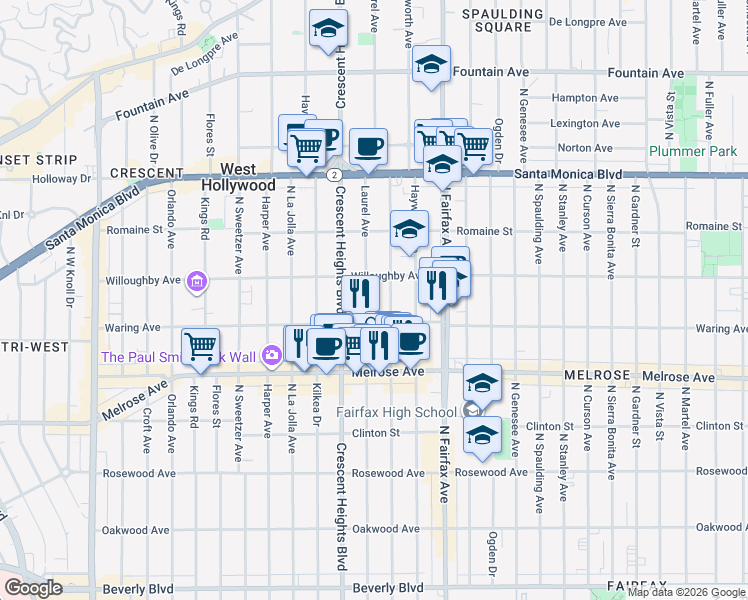 map of restaurants, bars, coffee shops, grocery stores, and more near 817n Laurel Avenue in Los Angeles