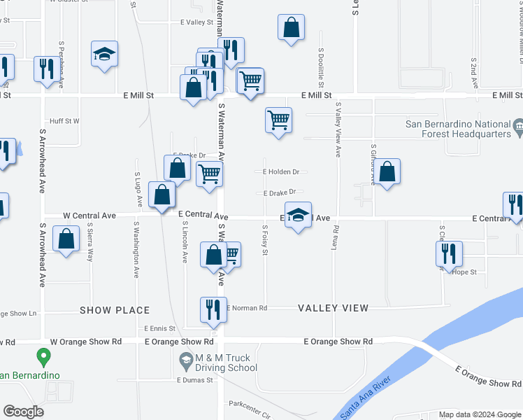 map of restaurants, bars, coffee shops, grocery stores, and more near 406 East Central Avenue in San Bernardino