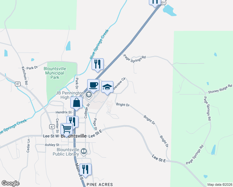 map of restaurants, bars, coffee shops, grocery stores, and more near 122 Pineview Cir in Blountsville