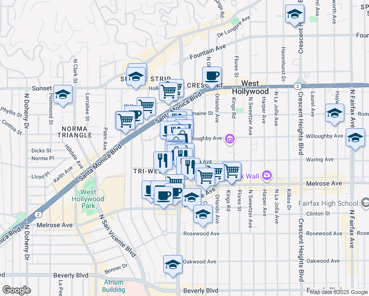 map of restaurants, bars, coffee shops, grocery stores, and more near 821 North Alfred Street in Los Angeles