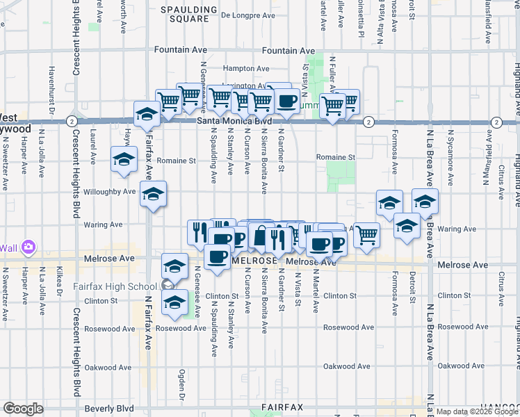 map of restaurants, bars, coffee shops, grocery stores, and more near 833 North Sierra Bonita Avenue in Los Angeles