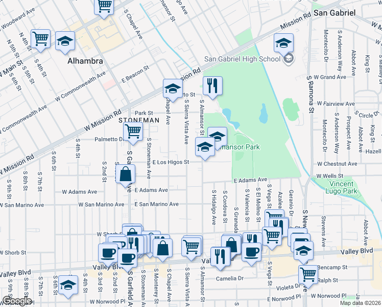 map of restaurants, bars, coffee shops, grocery stores, and more near 828 South Sierra Vista Avenue in Alhambra