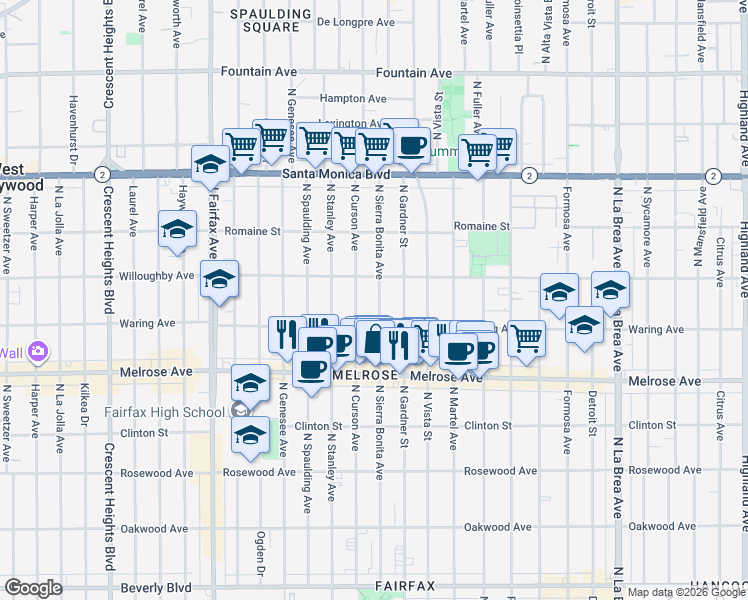 map of restaurants, bars, coffee shops, grocery stores, and more near 833 North Sierra Bonita Avenue in Los Angeles