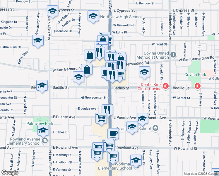 map of restaurants, bars, coffee shops, grocery stores, and more near North Azusa Avenue & Badillo Street in Covina