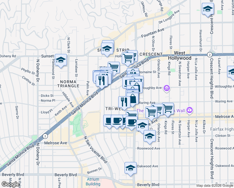 map of restaurants, bars, coffee shops, grocery stores, and more near 841 Westmount Drive in West Hollywood
