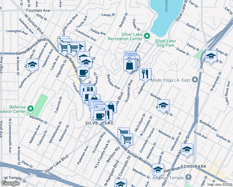 map of restaurants, bars, coffee shops, grocery stores, and more near 1470 Westerly Terrace in Los Angeles