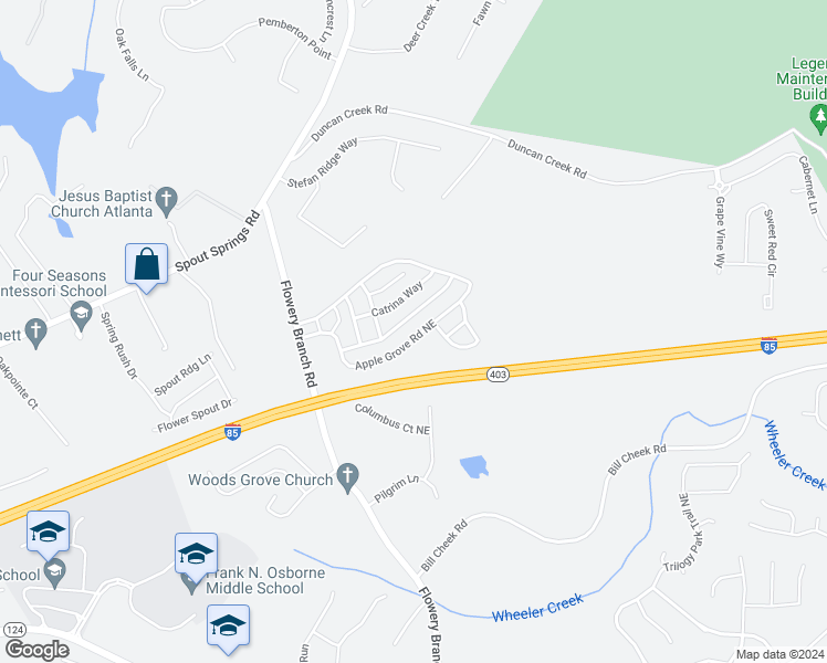 map of restaurants, bars, coffee shops, grocery stores, and more near 5761 Apple Grove Road Northeast in Buford