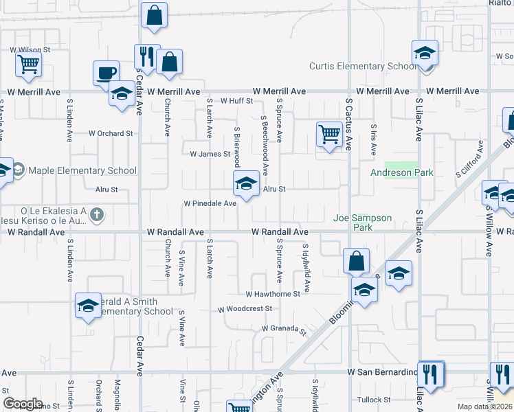 map of restaurants, bars, coffee shops, grocery stores, and more near 831 South Teakwood Avenue in Rialto