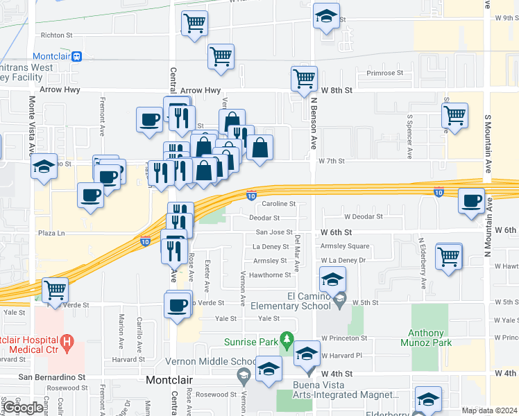 map of restaurants, bars, coffee shops, grocery stores, and more near 5555 Caroline Street in Montclair
