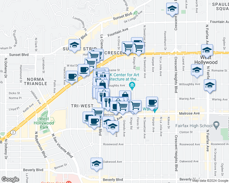 map of restaurants, bars, coffee shops, grocery stores, and more near 835 North Croft Avenue in Los Angeles