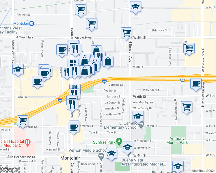 map of restaurants, bars, coffee shops, grocery stores, and more near 5555 Caroline Street in Montclair