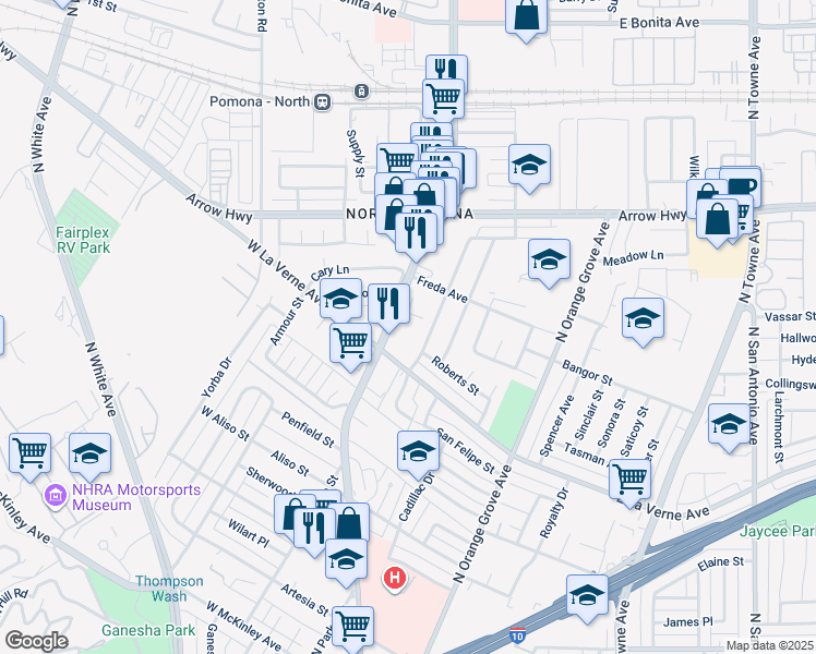map of restaurants, bars, coffee shops, grocery stores, and more near 2135 Las Vegas Avenue in Pomona