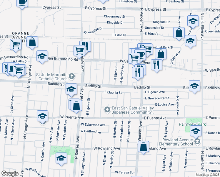 map of restaurants, bars, coffee shops, grocery stores, and more near 16205 East Elgenia Street in Covina
