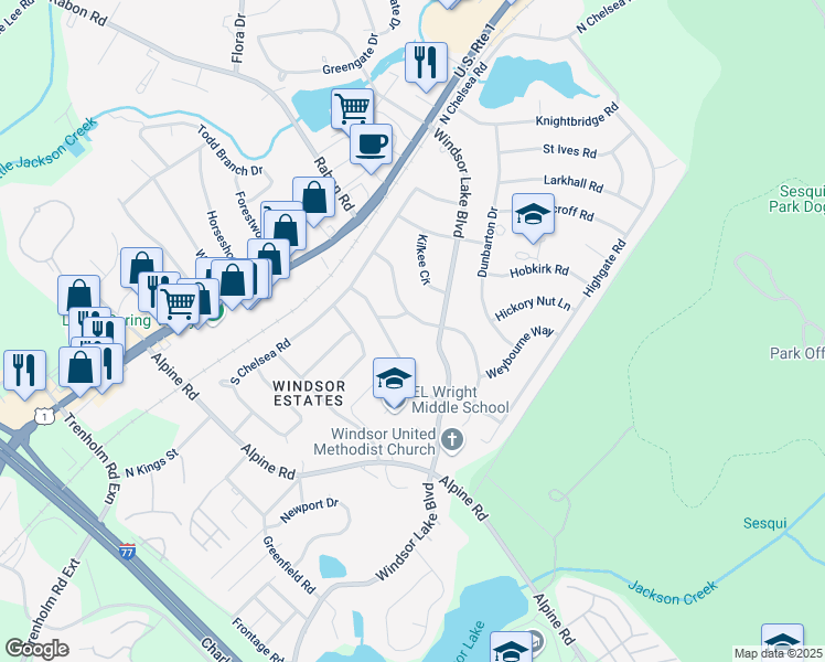 map of restaurants, bars, coffee shops, grocery stores, and more near 9653 Windsor Lake Boulevard in Columbia