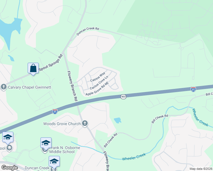 map of restaurants, bars, coffee shops, grocery stores, and more near 2025 Black Pebble Circle in Buford