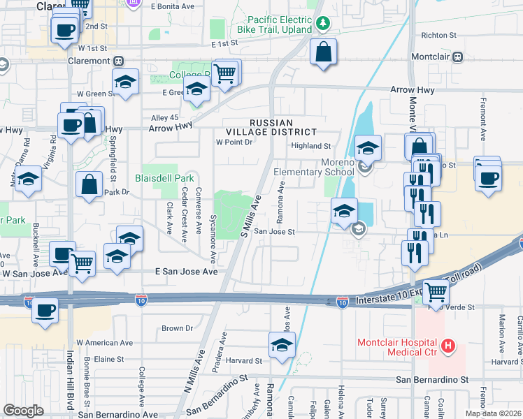 map of restaurants, bars, coffee shops, grocery stores, and more near 9245 South Mills Avenue in Montclair