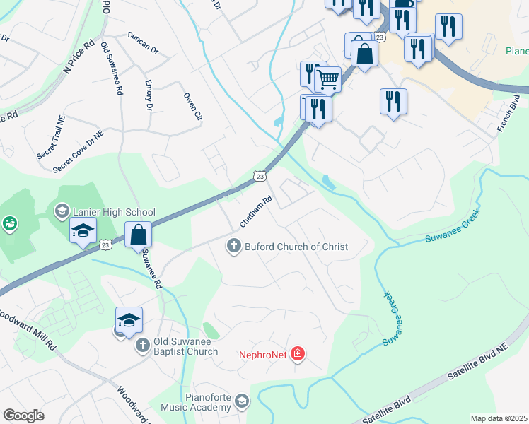 map of restaurants, bars, coffee shops, grocery stores, and more near 1187 Chatham Road in Buford