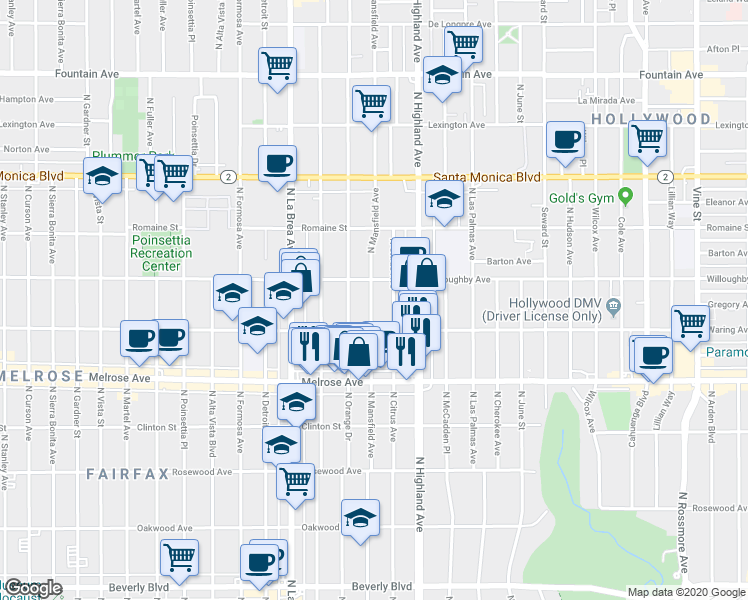 map of restaurants, bars, coffee shops, grocery stores, and more near 838 North Mansfield Avenue in Los Angeles