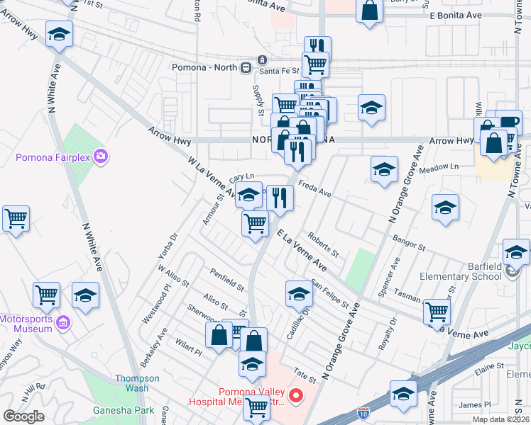 map of restaurants, bars, coffee shops, grocery stores, and more near 175 West La Verne Avenue in Pomona