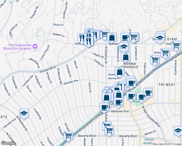 map of restaurants, bars, coffee shops, grocery stores, and more near 708 Sierra Drive in Beverly Hills