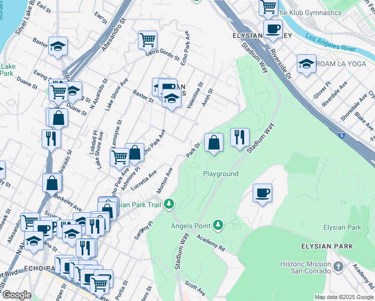 map of restaurants, bars, coffee shops, grocery stores, and more near 1943 Park Drive in Los Angeles