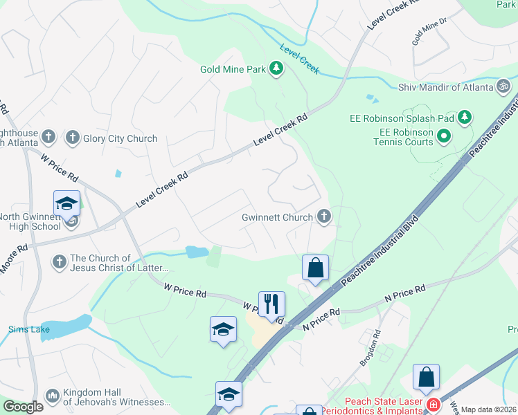 map of restaurants, bars, coffee shops, grocery stores, and more near 410 Chandler Court in Sugar Hill