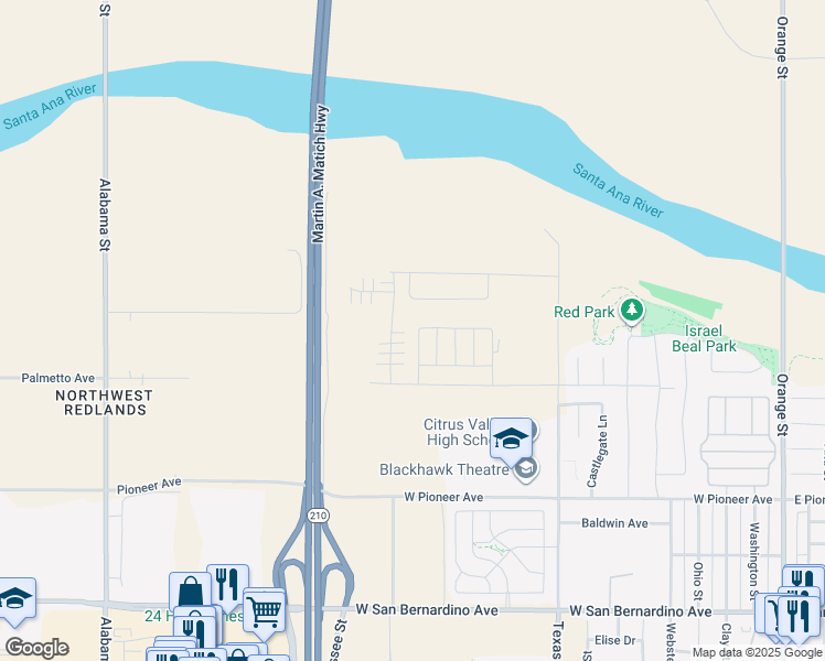 map of restaurants, bars, coffee shops, grocery stores, and more near 2099 Zest Street in Redlands