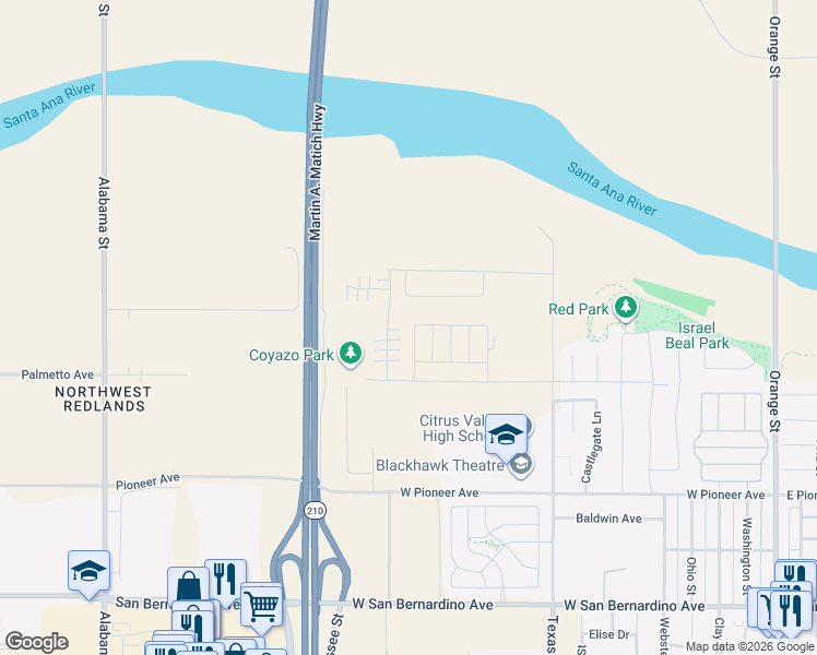 map of restaurants, bars, coffee shops, grocery stores, and more near 2099 Zest Street in Redlands