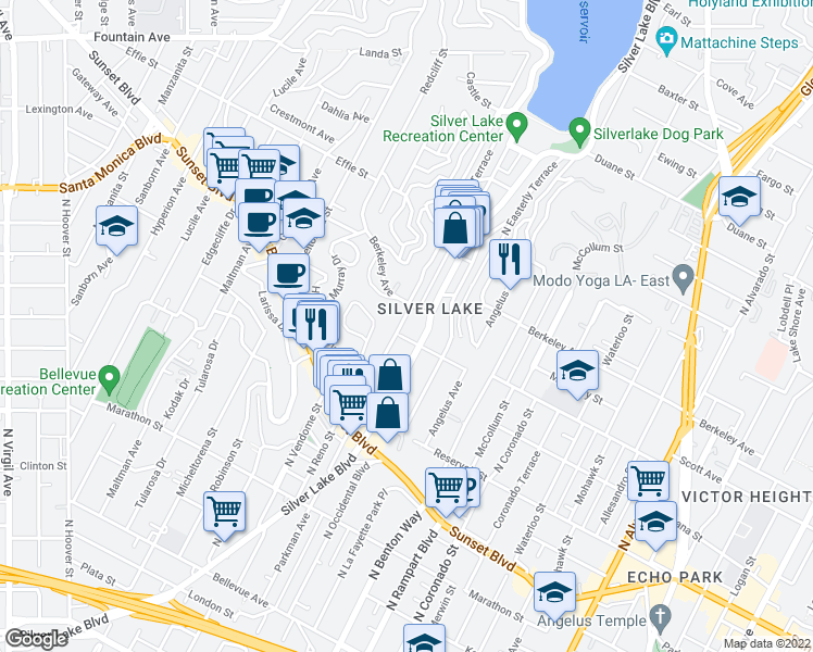 map of restaurants, bars, coffee shops, grocery stores, and more near 1470 Westerly Terrace in Los Angeles