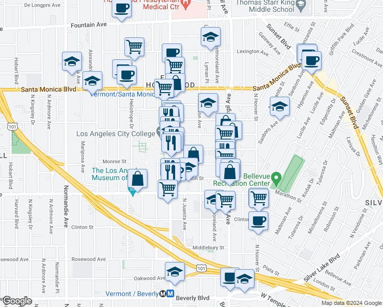 map of restaurants, bars, coffee shops, grocery stores, and more near 4314 Normal Avenue in Los Angeles